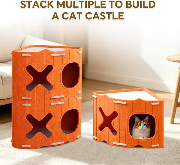 PurrPour Corner Cat House — Stackable Felt Cave