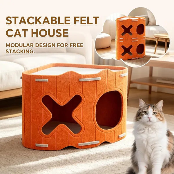 PurrPour Corner Cat House — Stackable Felt Cave